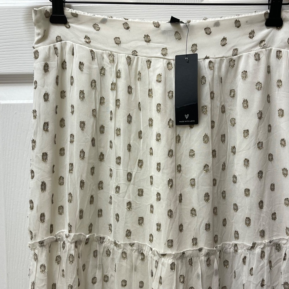 Lulus Size L You Dot the Love Tiered High-Waisted Midi Skirt Boho Metallic NWT
